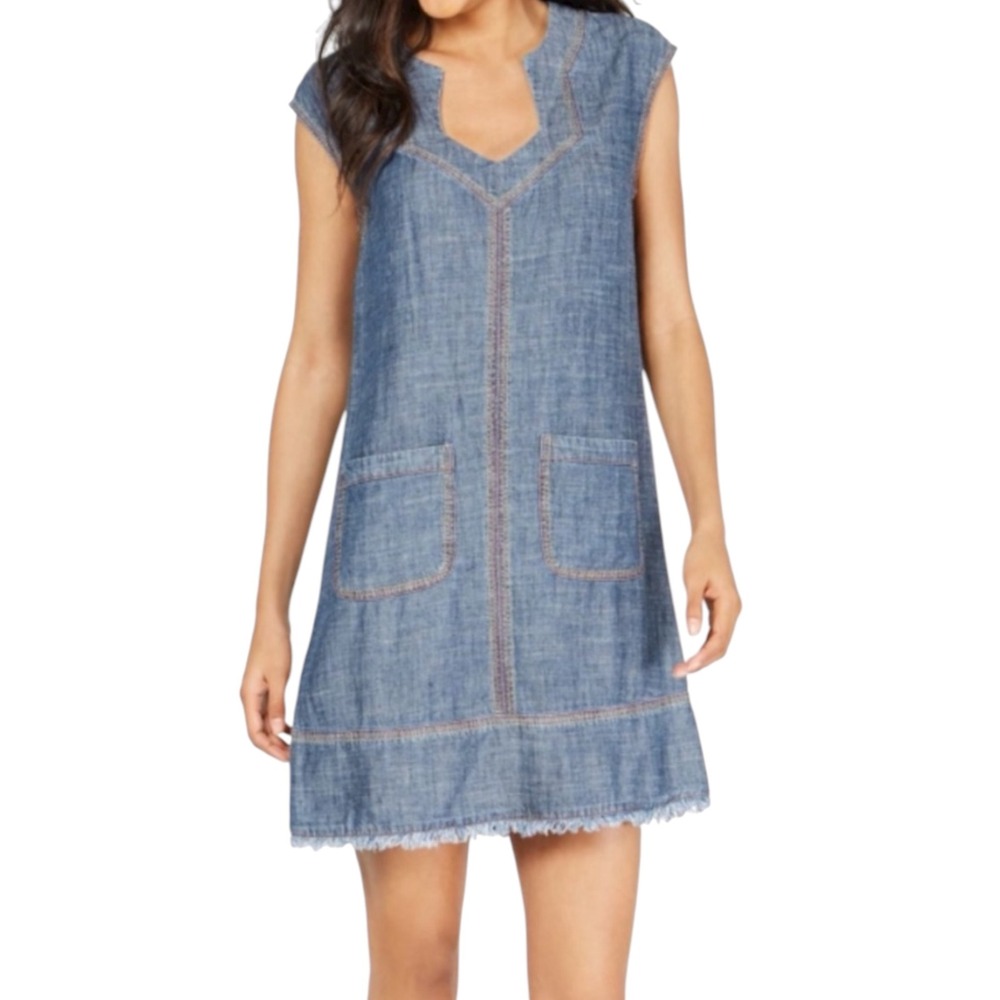 Trina Turk Chambray Shift Dress Size Medium Blue Frayed-Hem